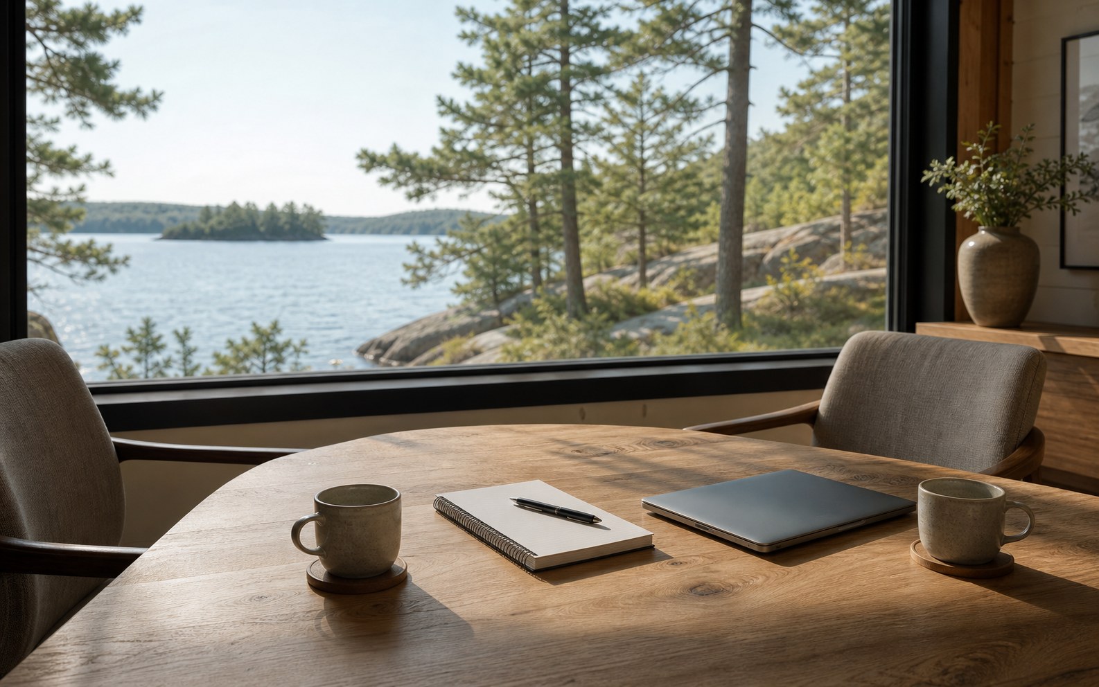 Lake-view cottage meeting table with notebooks and chairs
