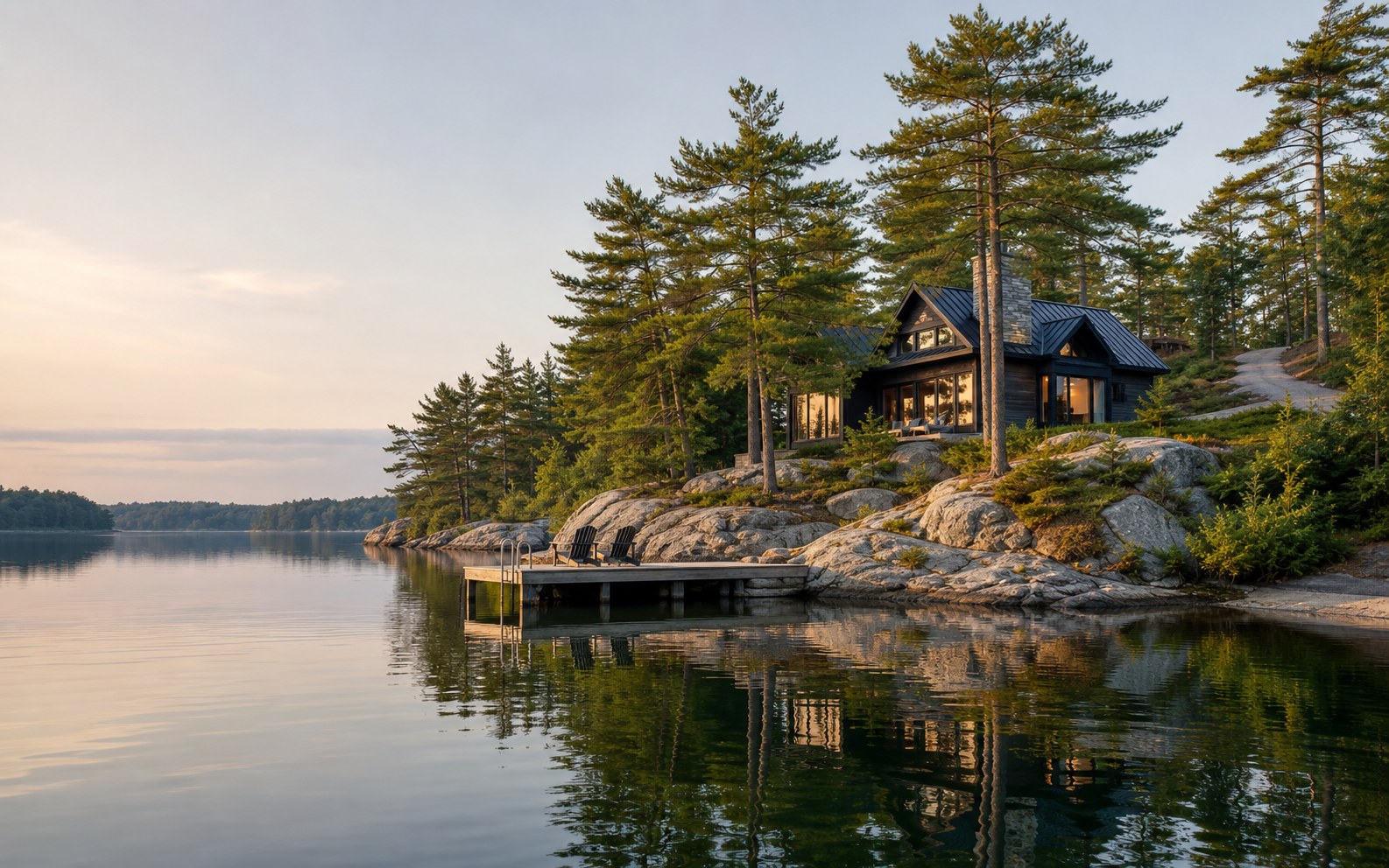 Modern Muskoka cottage exterior on a granite shoreline