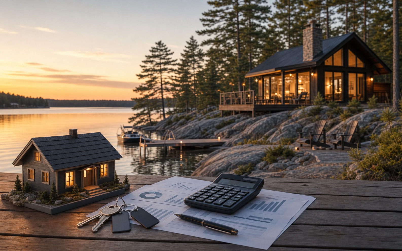 Muskoka rental cottage deck with keys, calculator, and investment property planning documents