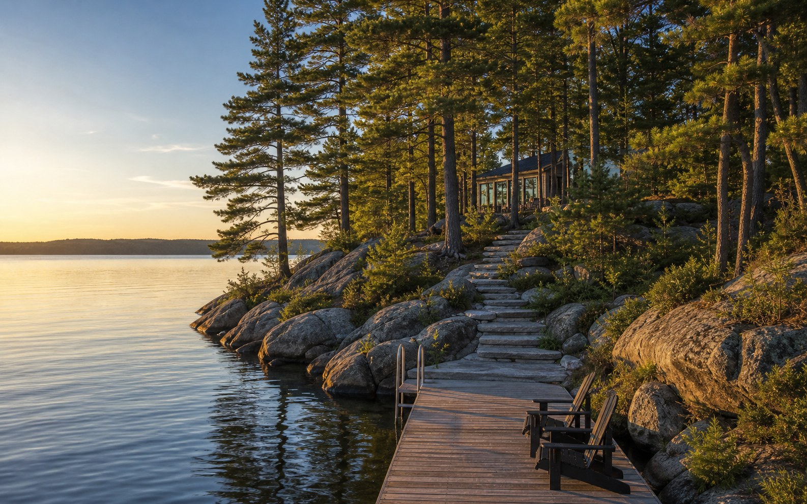 Waterfront Muskoka cottage with pine trees and calm lake at golden hour