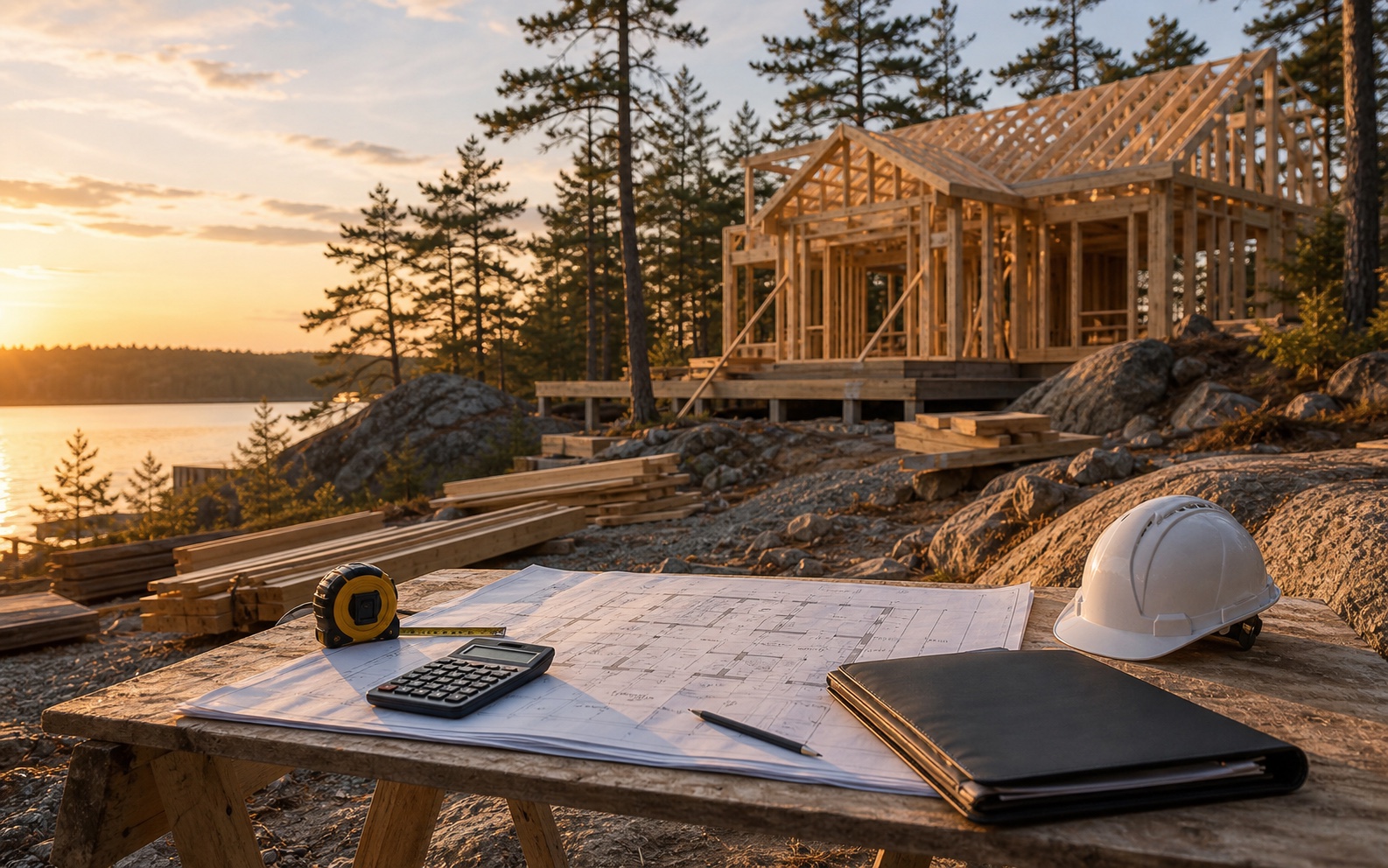 Muskoka new construction site with building plans, hard hat, calculator, and financing folder