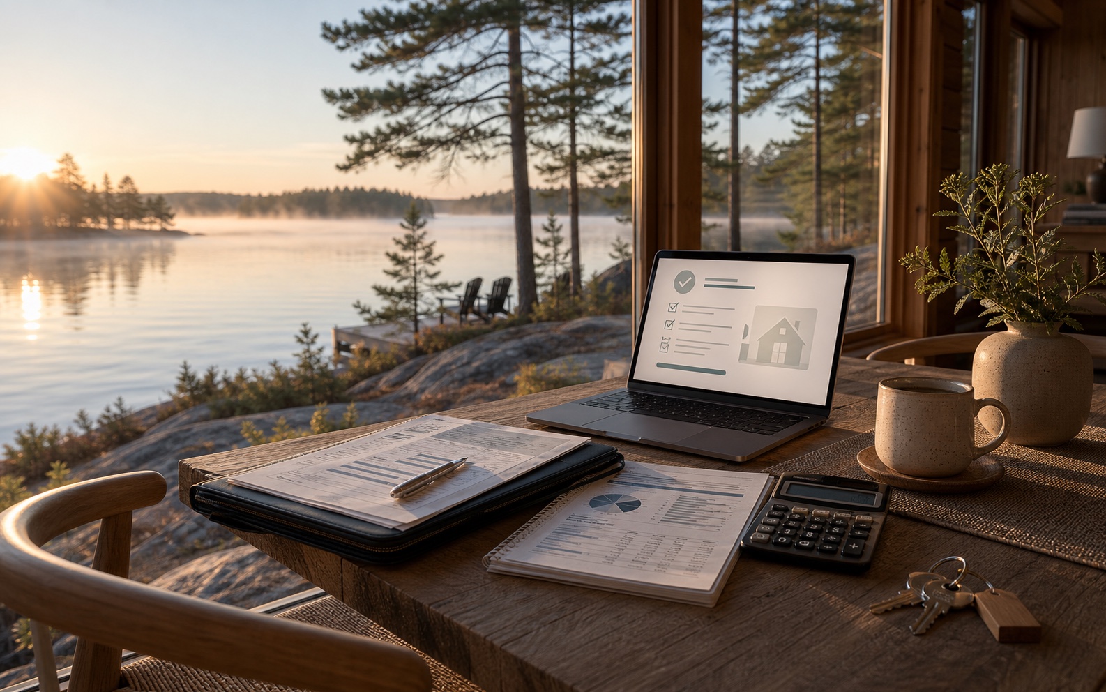 Morning lake-view table with pre-approval documents, laptop, calculator, and keys