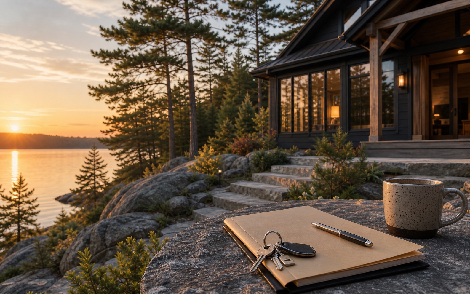 Muskoka home entrance with keys and purchase offer folder ready on a porch table