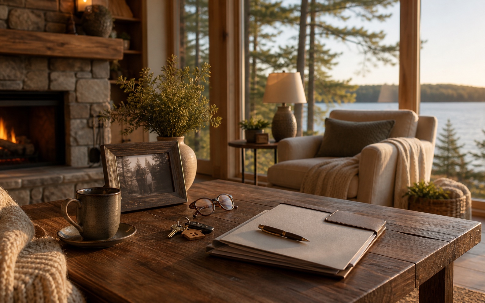 Warm lake-view cottage living room with home equity folder, keys, glasses, and family photo