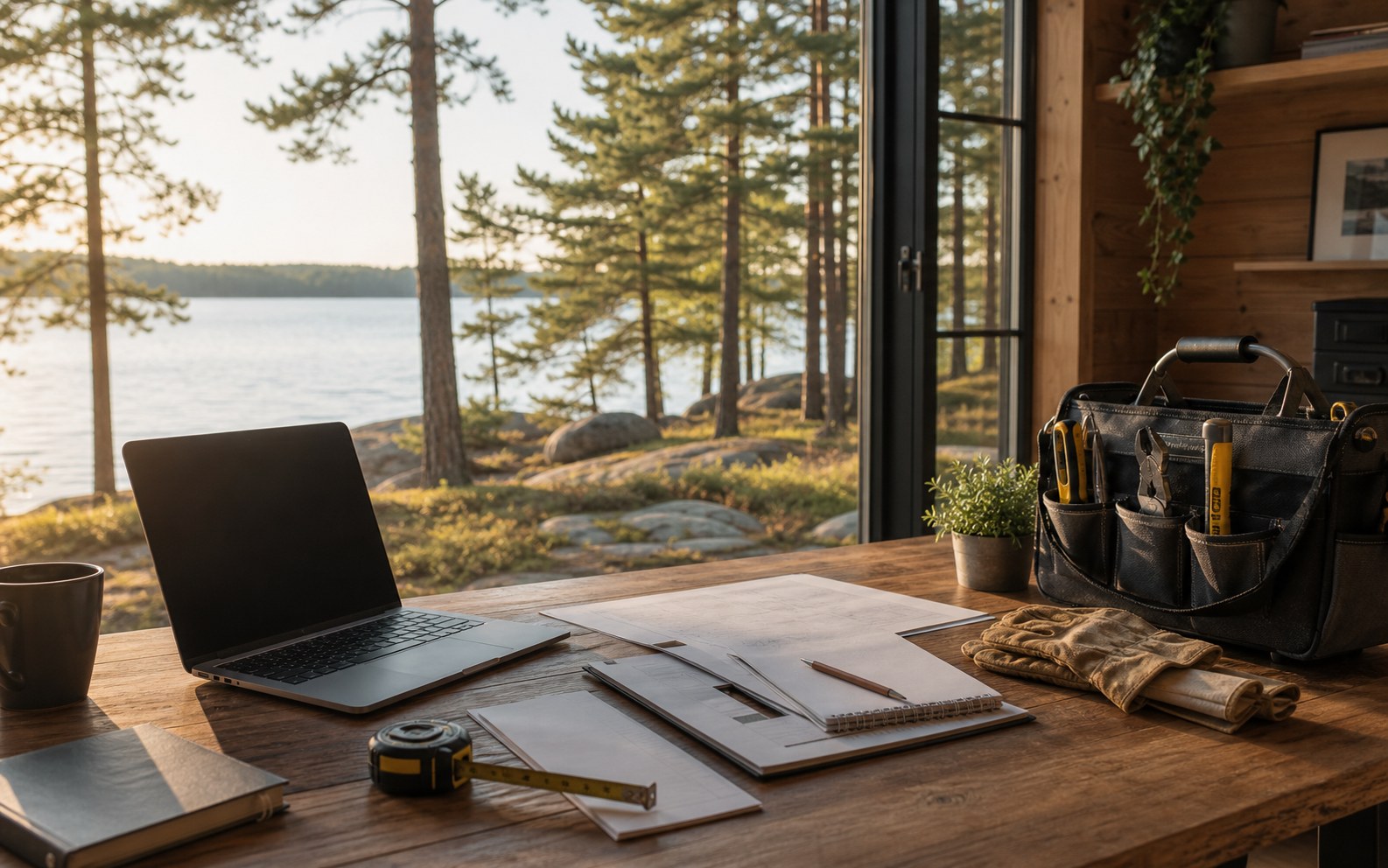 Laptop, contractor tools, and mortgage documents on a Muskoka cottage desk