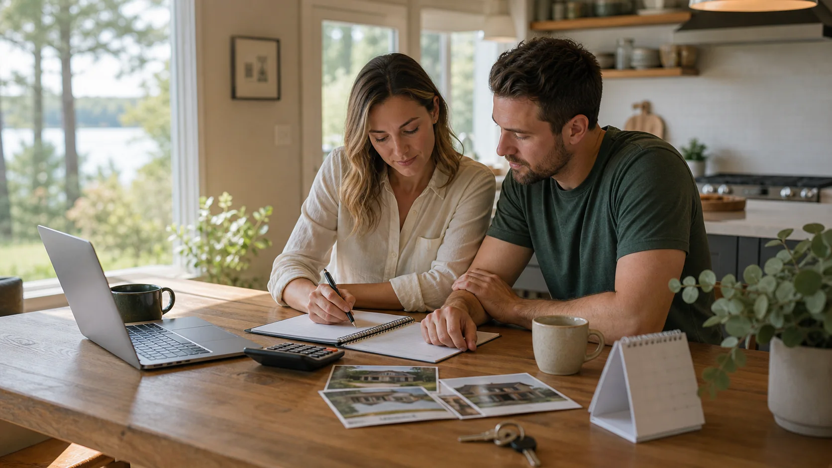 Ontario couple reviewing a home-buying plan at a lake-view kitchen table